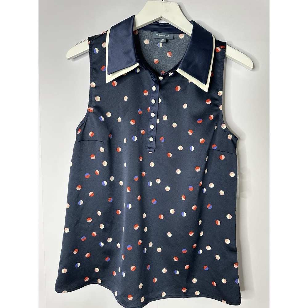 ModCloth Polka Dot Retro Polo Top Womens M Navy Blue Mod Satin Sleeveless Twee